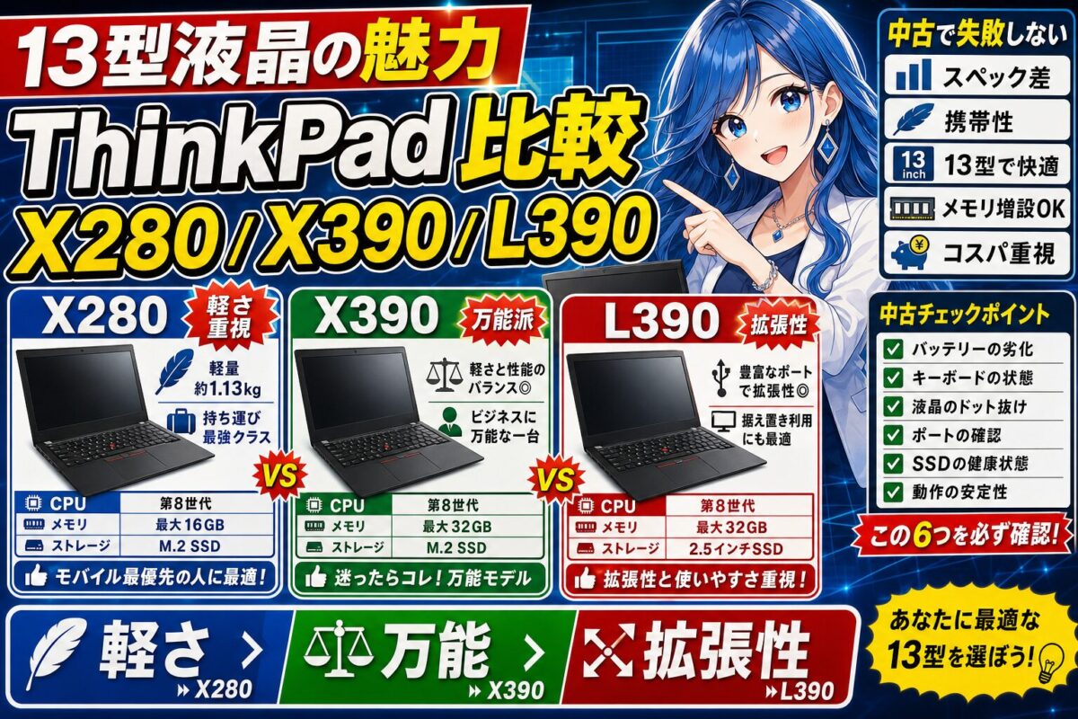 【X280・X390・L390】ThinkPad中古おすすめ3機種を徹底比較
