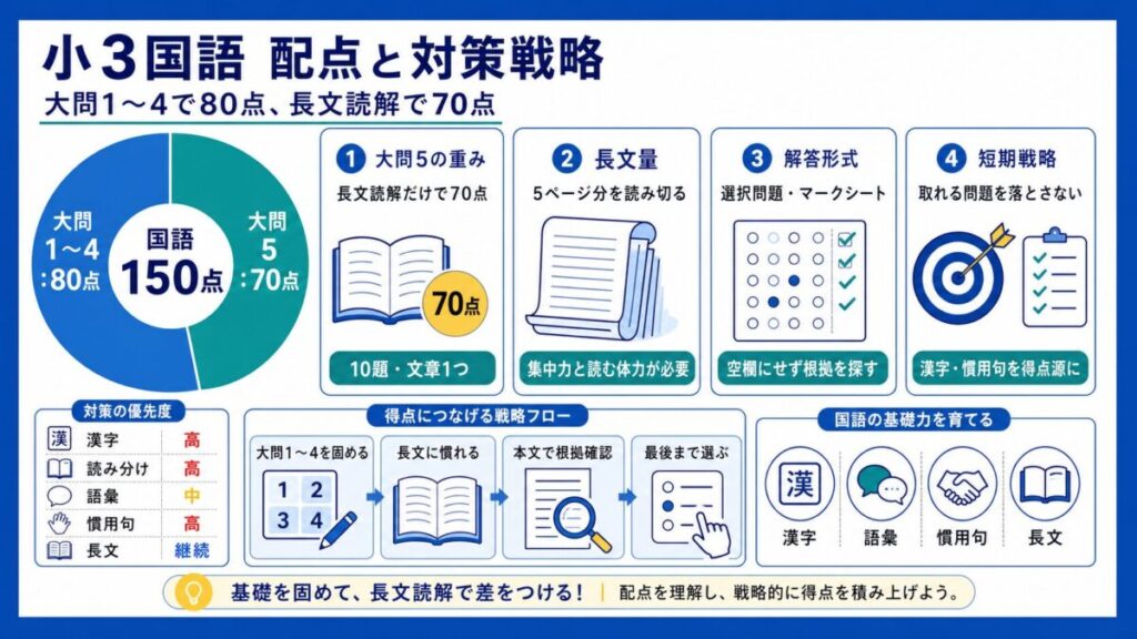 【📌大問1〜4で80点】残り70点の長文読解へつなげる配点理解と国語全体の作戦の重要ポイント