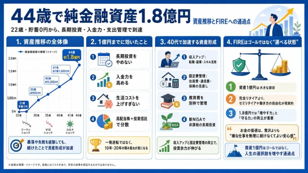 【まとめ】44歳で純金融資産1.8億円に到達した資産推移とFIREへの通過点