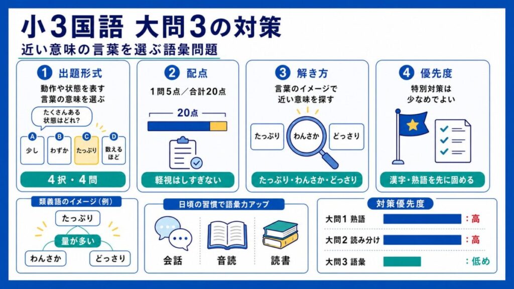 【💬大問3の語彙問題】動作や状態を表す言葉の意味を選ぶ出題形式と短時間で確認するコツの考え方