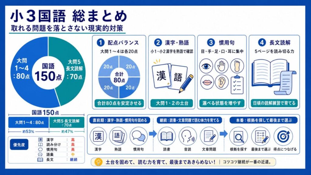 【🎓小3国語の配点バランス】漢字/慣用句/長文を見通す総まとめと初受験前の最終確認の家庭学習計画