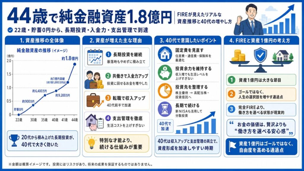 【44歳で純金融資産1.8億円】FIREが見えたリアルな資産推移と40代の増やし方