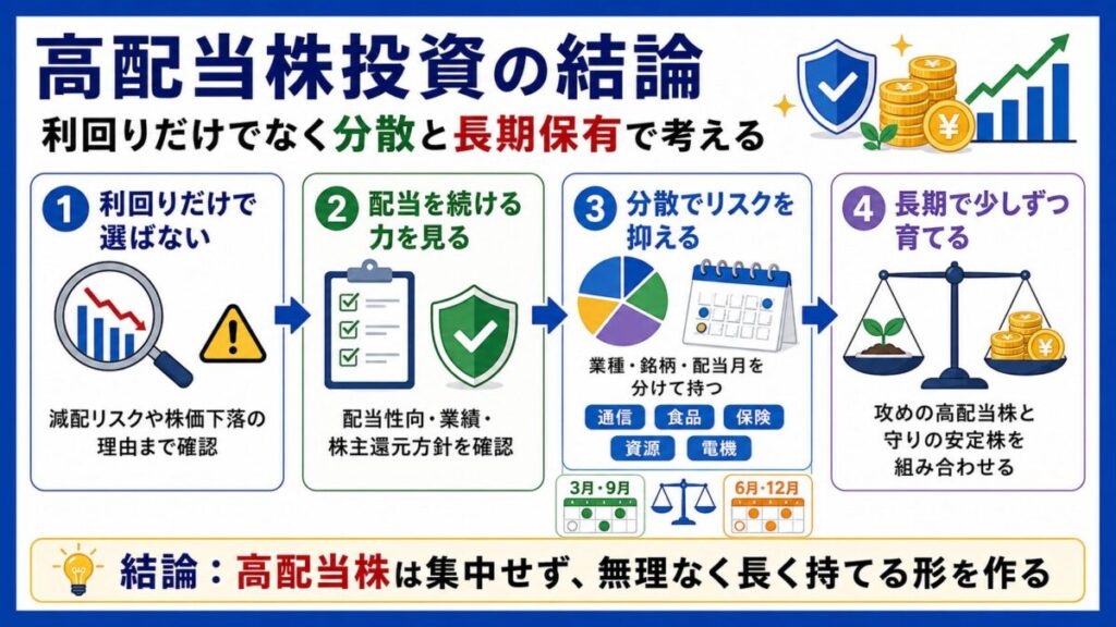 【この記事の結論】高配当株は利回りだけでなく分散と長期保有で考える投資方針