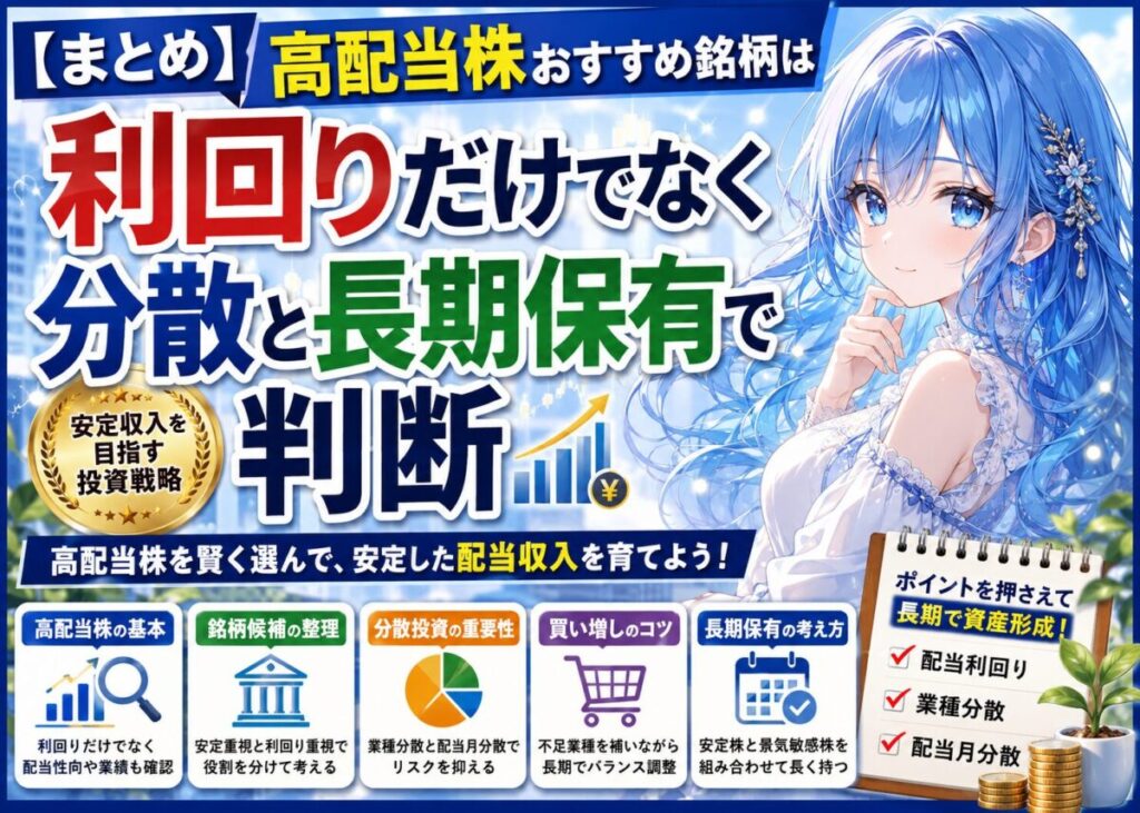 【まとめ】高配当株おすすめ銘柄は利回りだけでなく分散と長期保有で判断