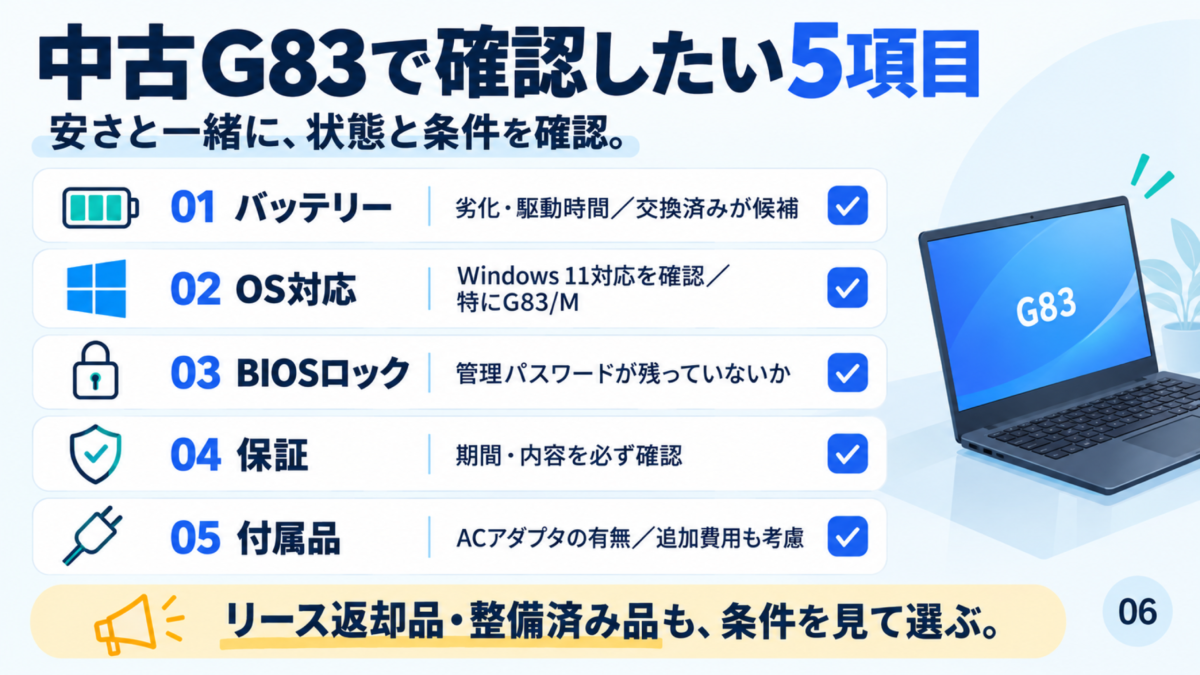 【中古G83チェック】バッテリー/BIOS/画面/付属品/保証の5項目を解説✅