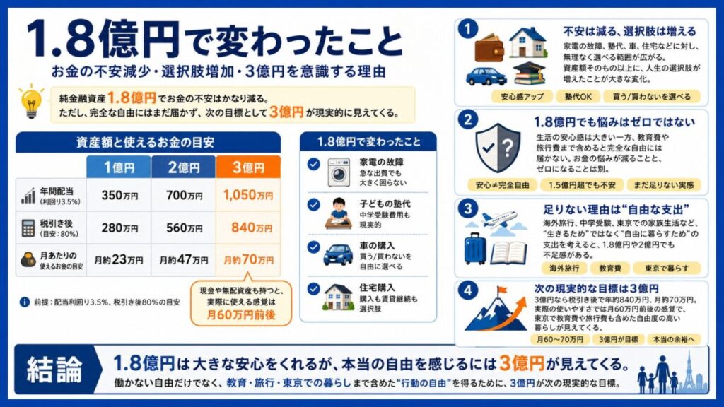 【1.8億円で変わったこと】お金の不安減少/選択肢増加/3億円を意識する理由