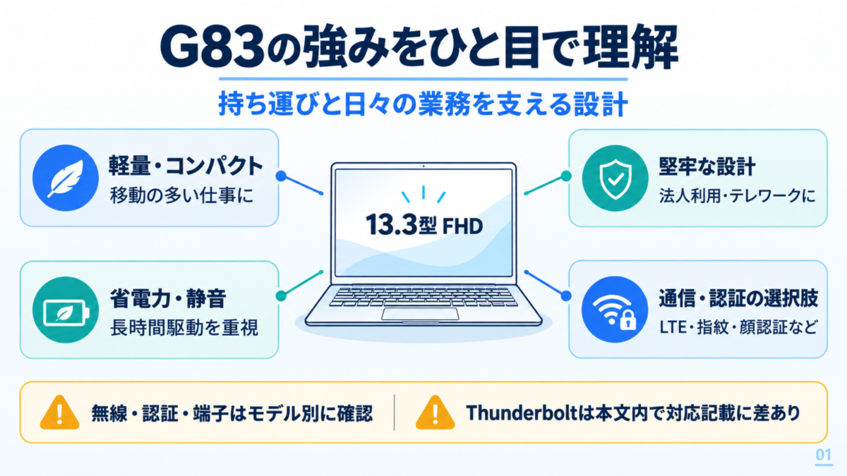 【G83共通スペック】軽量/高性能が両立する法人向けモバイルPCの強み💻